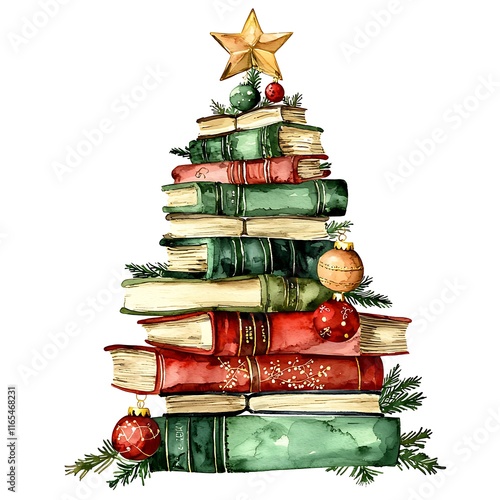 Watercolor illustration of a Christmas tree made of stacked vintage books, adorned with ornaments and pine branches.