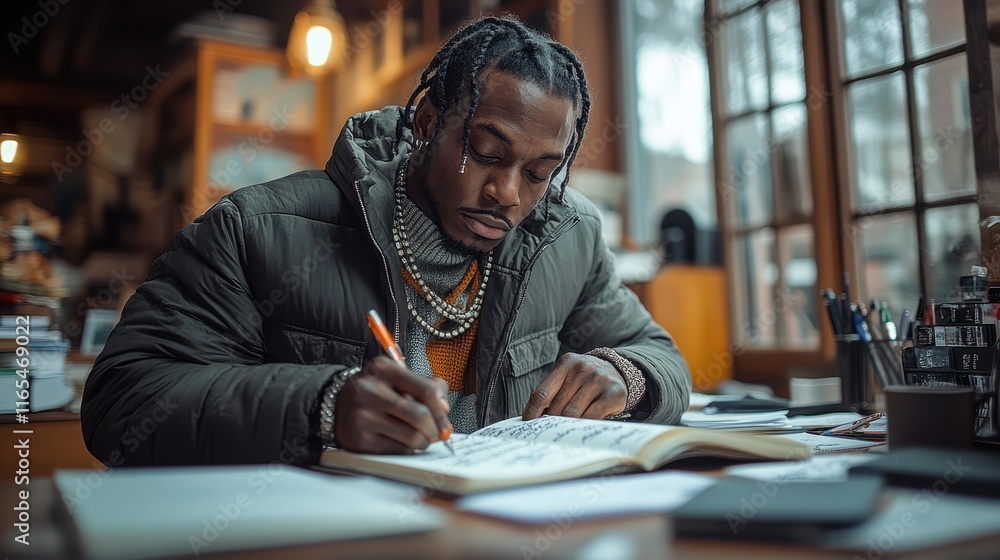 Rapper Writing Lyrics in a Quiet Creative Workspace Rapper Writing Lyrics in a Quiet Creative Workspace