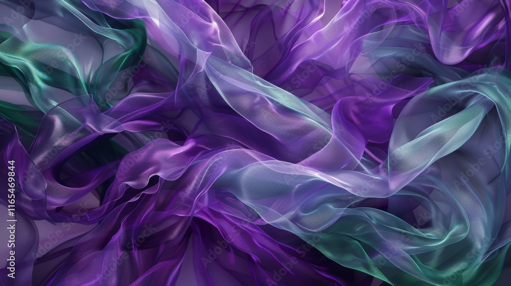 Fototapeta premium Abstract background with purple and green transparent fabric flowing and creating a beautiful design, perfect for wallpapers or other design projects