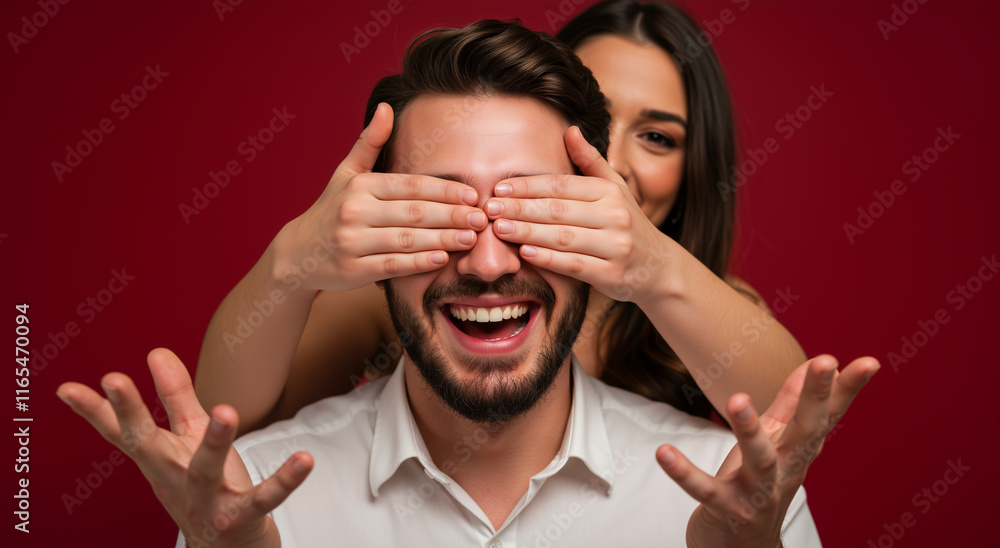 Surprise, couple and love with woman covering man eyes for game, happy or celebration. Latin person, relationship or partner with hand gesture, laughing and surprise for festive event or gift Surprise, couple and love with woman covering man eyes for game, happy or celebration. Latin person, relationship or partner with hand gesture, laughing and surprise for festive event or gift