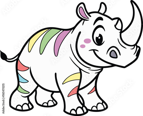 Rainbow Rhino: A cheerful cartoon rhino with a splash of colorful stripes