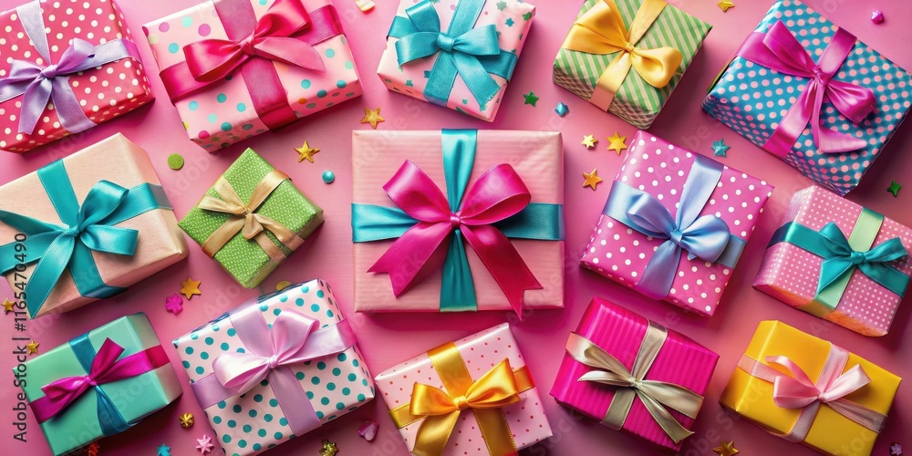 A collection of wrapped gifts tied with colorful ribbons, showcasing a festive and celebratory atmosphere. A collection of wrapped gifts tied with colorful ribbons, showcasing a festive and celebratory atmosphere.