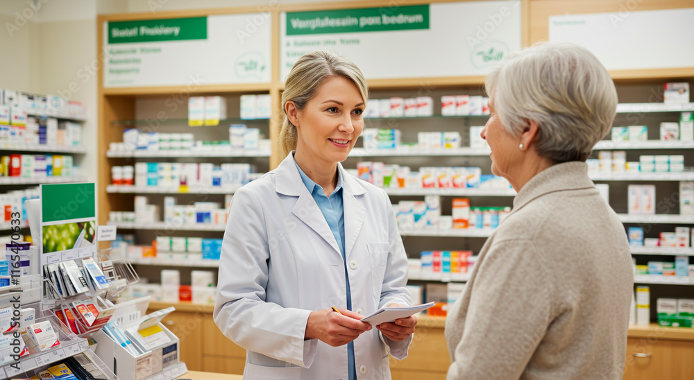 Obraz premium Pharmacist, woman and senior patient in pharmacy for consultation or health care. Doctor, mature and caucasian person with prescription advice and medicine in drugstore for wellness or service