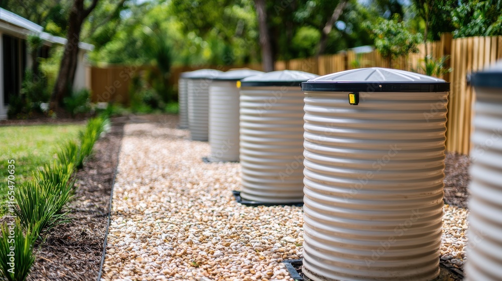 Row of White Water Tanks on Gravel Path Surrounded by Lush Greenery Under Bright Blue Sky Evoking Tranquil Atmosphere Row of White Water Tanks on Gravel Path Surrounded by Lush Greenery Under Bright Blue Sky Evoking Tranquil Atmosphere