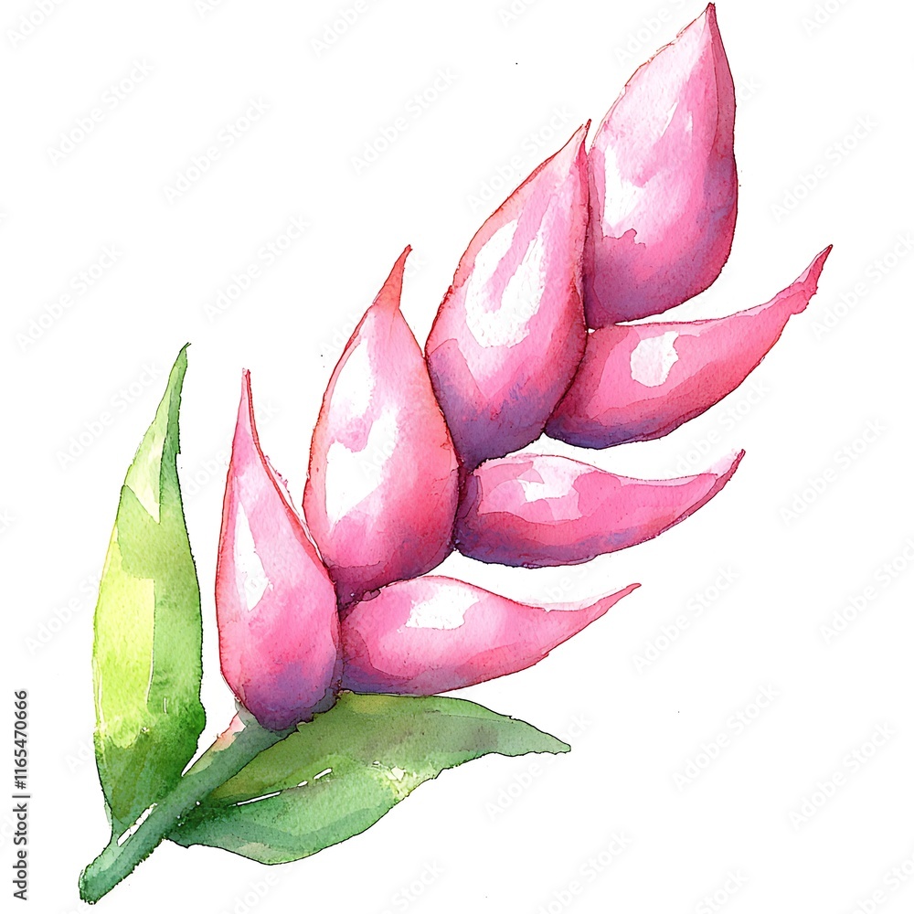 Fototapeta premium Watercolor Painting of a Pink Heliconia Rostrata Flower with Green Leaves.