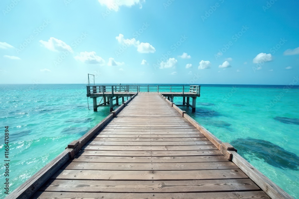 Rustic gray wooden pier extends over tranquil blue sea under bright sky , seaside, outdoor, grey Rustic gray wooden pier extends over tranquil blue sea under bright sky , seaside, outdoor, grey