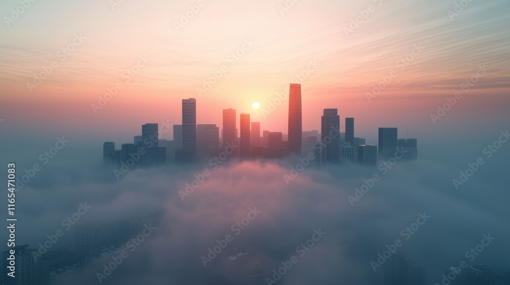 Fototapeta premium Mysterious Cityscape Shrouded in Thick Fog Creating an Enigmatic Atmosphere and Evoking a Sense of Intrigue and Wonder