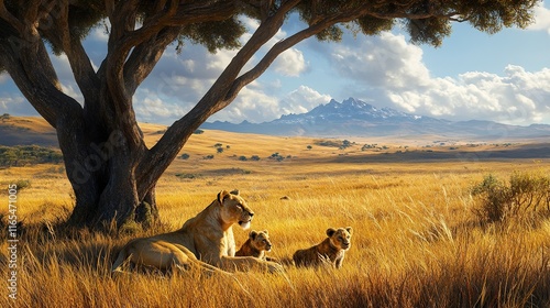 A lioness and her cubs resting under a tree in the savanna, the golden grass and distant mountains in the background