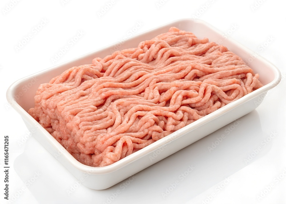 
veal mince in white tray isolated on white background