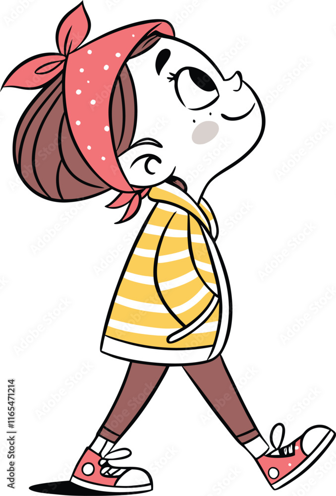 Walking with Confidence: A whimsical illustration of a young girl with a confident stride, her head tilted upwards, suggesting a sense of optimism and curiosity. Walking with Confidence: A whimsical illustration of a young girl with a confident stride, her head tilted upwards, suggesting a sense of optimism and curiosity.