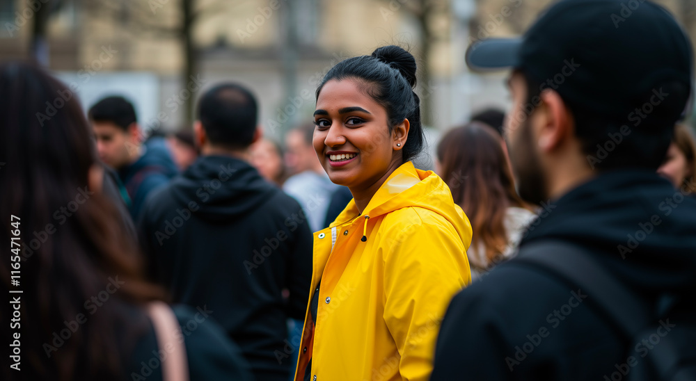 Fototapeta premium Smiling Indian woman, outdoor in crowd with yellow jacket for unique, individuality and diversity. Asian ethnicity, female person and happy with people in city for lifestyle, travel and community