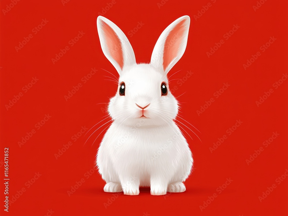 Adorable white rabbit sitting against a red background. Adorable white rabbit sitting against a red background.