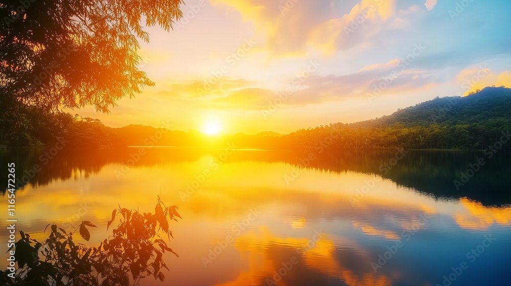 Obraz premium Lake sunset colorful stillness concept. Vibrant sunset reflecting on a tranquil lake surrounded by trees.