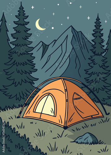 Vector illustration of a camping scene with tent, mountain & trees. Camping vector illustration