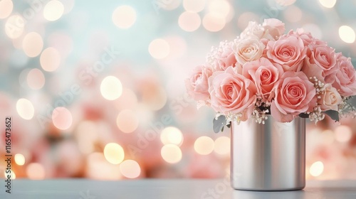 Elegant pink roses in a silver vase, bokeh background. Romantic and delicate.
