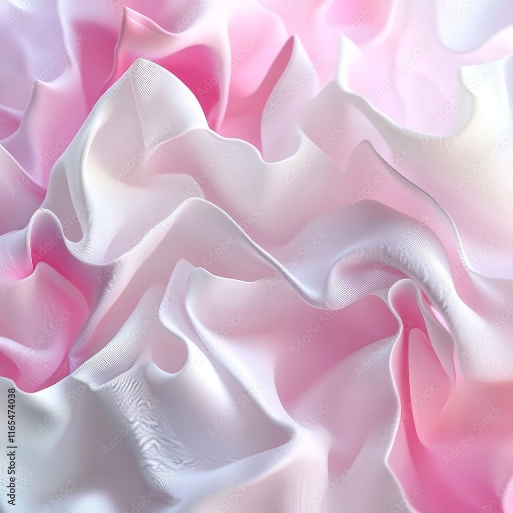 Obraz premium 3d render, abstract wallpaper with falling folded textile, levitating crumpled cloth, fashion background with waving fabric layers, pink white gradient 