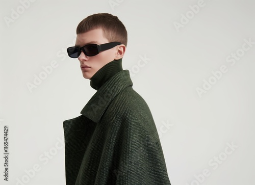photograph of a black man, shot from the side, minimalistic composition, in a studio background