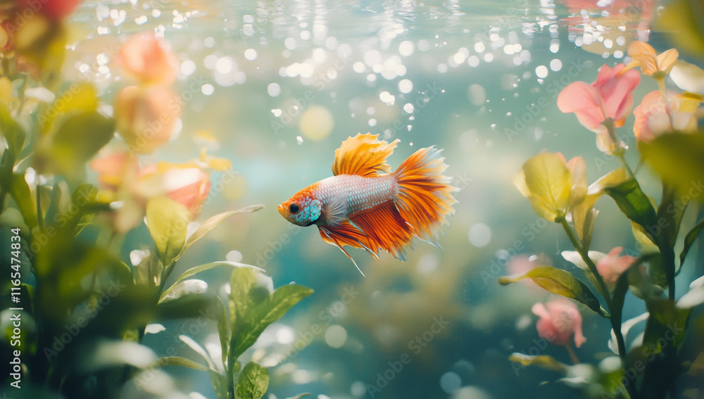 Vibrant and colorful Betta fish swim in a clear aquarium, surrounded by lush tropical plants and soft watercolor flowers against a blurred background. Vibrant and colorful Betta fish swim in a clear aquarium, surrounded by lush tropical plants and soft watercolor flowers against a blurred background.
