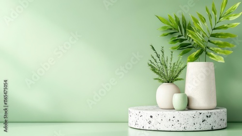Serene Green: Plants in elegant vases on a stone pedestal.