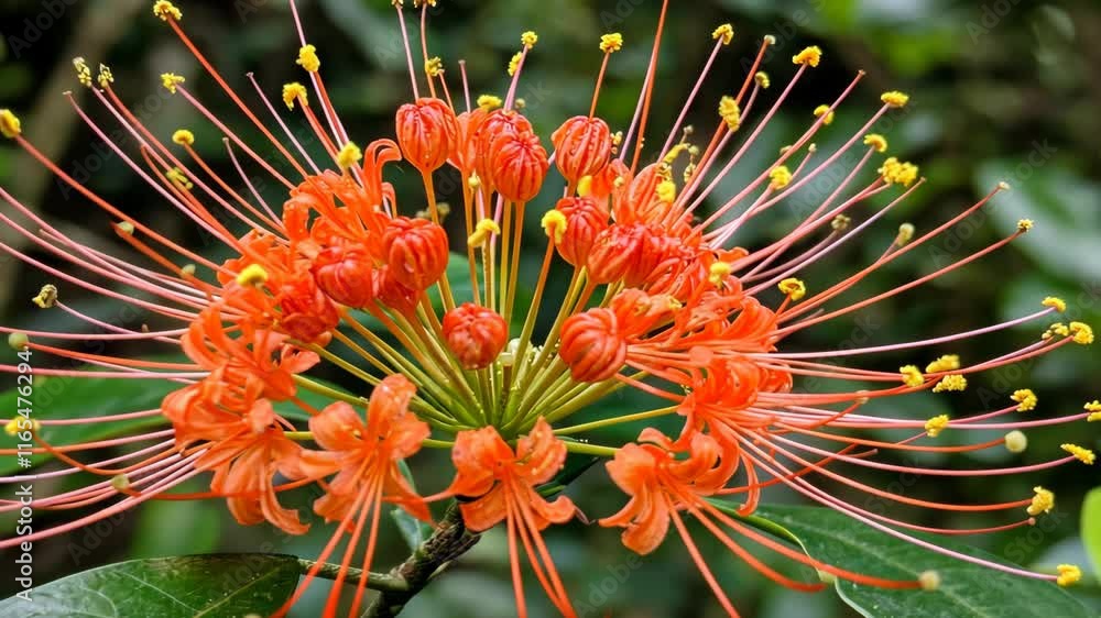 Bright orange flower with long stamens blooming in a lush green forest environment during daytime Bright orange flower with long stamens blooming in a lush green forest environment during daytime