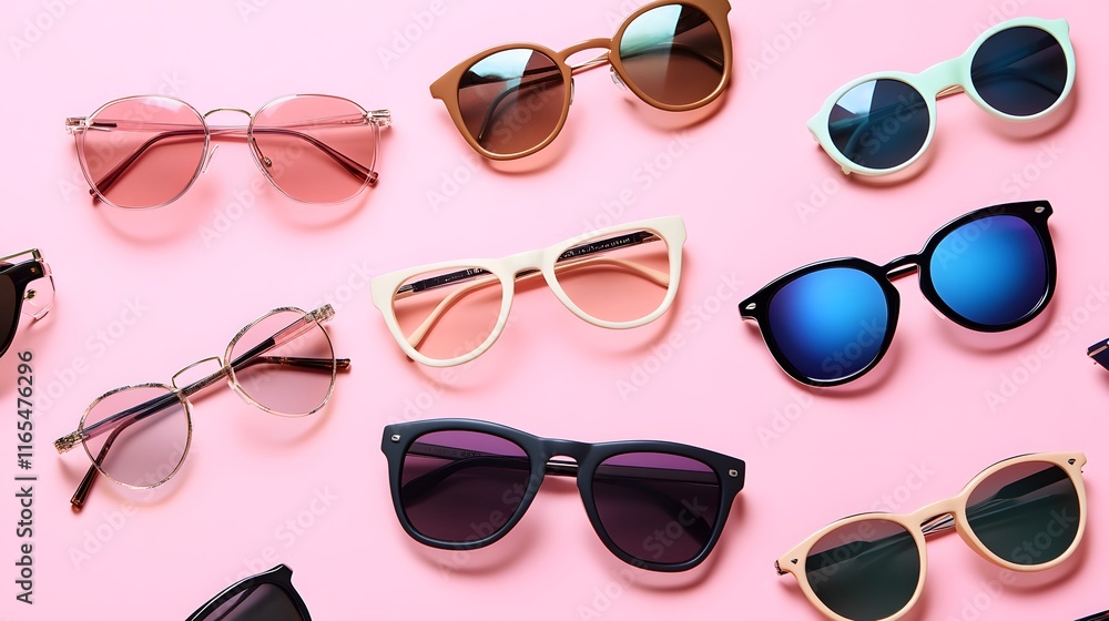 Stylish Sunglasses Collection Displayed on Pink Background Stylish Sunglasses Collection Displayed on Pink Background