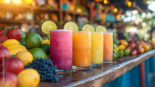 Four glasses of colorful fruit juices displayed at a market, surrounded by fresh fruit. Refreshing Fruit frescas with variety of fruits.