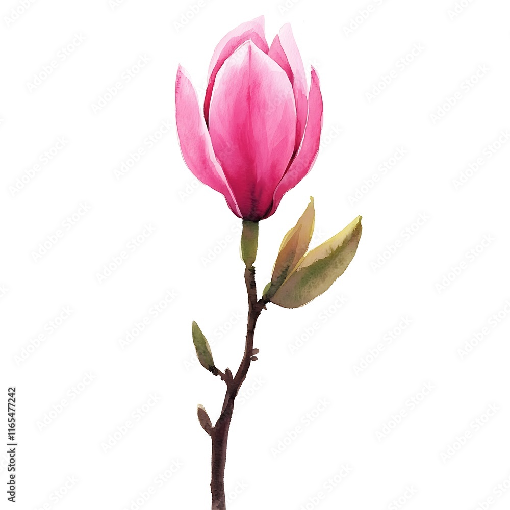 Watercolor painting of a single pink magnolia blossom on a branch with leaves. Watercolor painting of a single pink magnolia blossom on a branch with leaves.