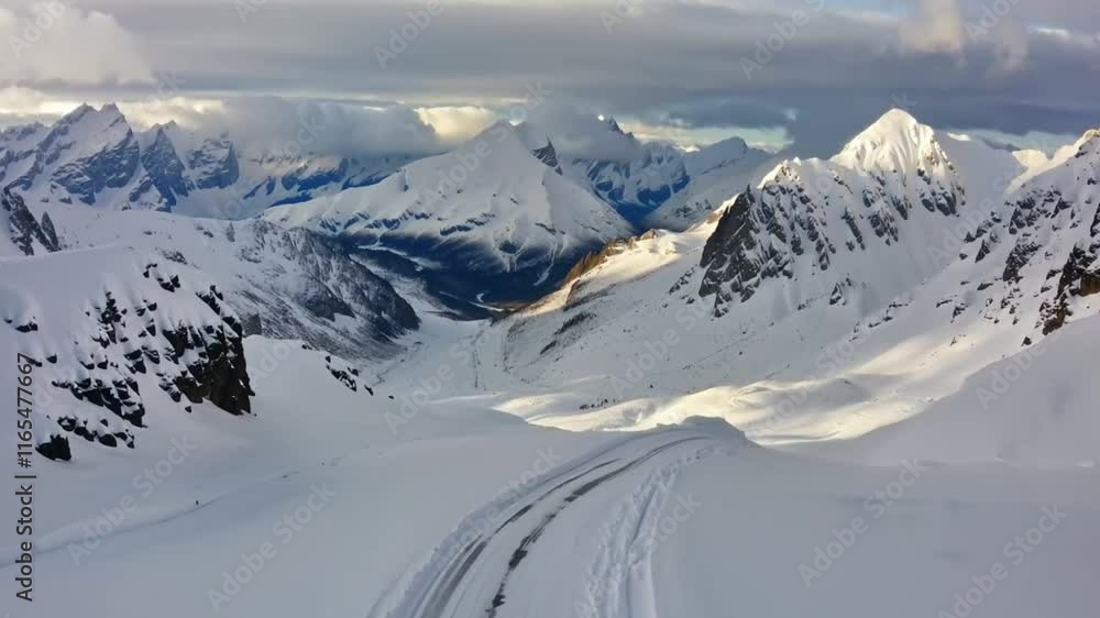 A snow-covered road winding through an alpine pass surrounded by peaks, A snow-covered road winding through an alpine pass surrounded by peaks,