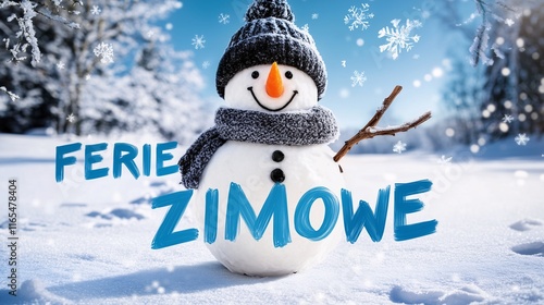 Bałwan w zimowym krajobrazie z napisem Ferie Zimowe