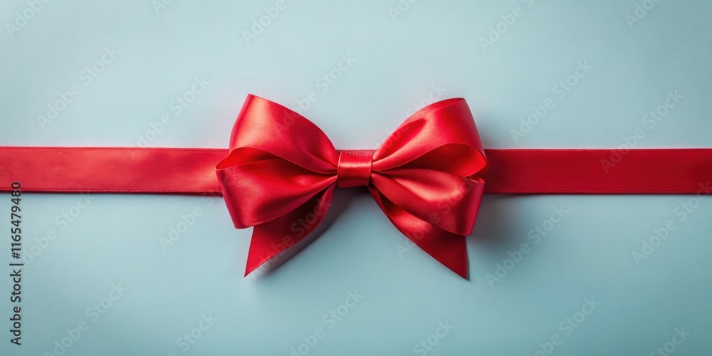 A single bright red satin bow with a horizontal ribbon tied on a light blue background. A single bright red satin bow with a horizontal ribbon tied on a light blue background.