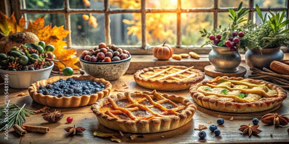 Fototapeta premium Rustic Autumnal Still Life with Freshly Baked Pies and Warm, Golden Light Through the Window