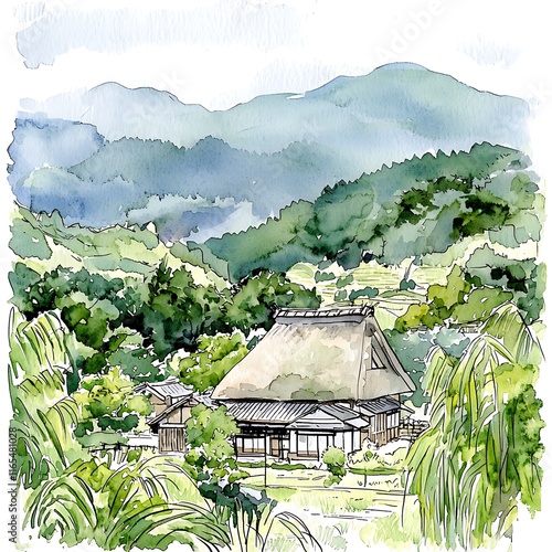 Watercolor Painting of a Traditional Japanese House nestled in a Lush Green Mountain Landscape.