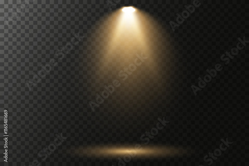 Bright white lighting with spotlights. Vector spotlights with bright white light to illuminate the stage. Spotlight with bright white light. Spotlight isolated on transparent background, vector.
