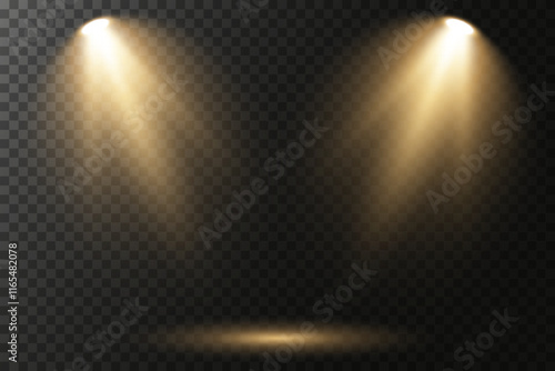 Vector spotlights with bright white light to illuminate the stage. Concert spotlight with ray illuminated spotlights for web design illustration. Bright white lighting with spotlights