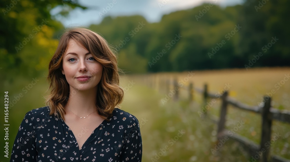 Confident young woman smiling in nature with a wooden fence and green trees around her. A serene background sets a peaceful scene. Confident young woman smiling in nature with a wooden fence and green trees around her. A serene background sets a peaceful scene.
