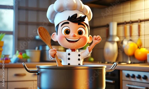 Joyful cartoon chef in a pot, cooking.