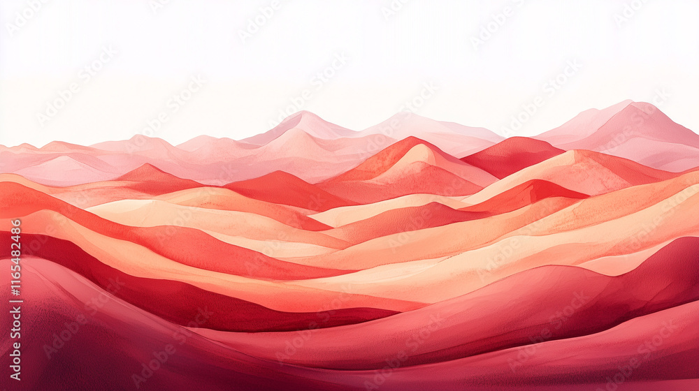 Obraz premium A minimalist watercolor illustration of an abstract desert landscape with undulating hills in shades of red and pink