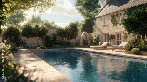 Serene backyard pool with lush greenery and cozy lounging spots for relaxation.