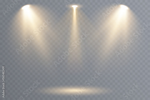 Vector spotlights with bright white light to illuminate the stage. Concert spotlight with ray illuminated spotlights for web design illustration.  Bright white lighting with spotlights