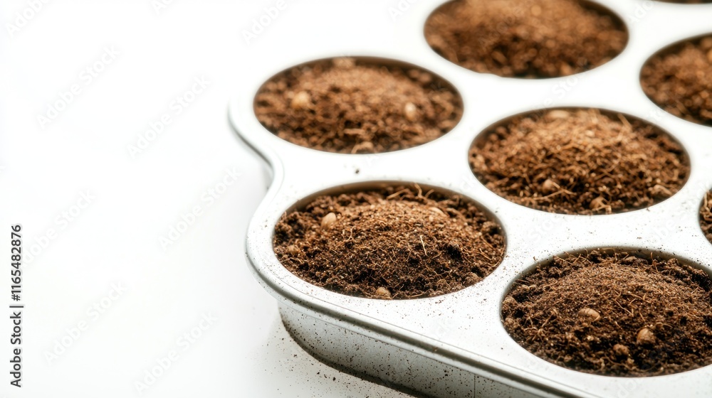 Muffin tray filled with soil, ready for planting seeds. Muffin tray filled with soil, ready for planting seeds.