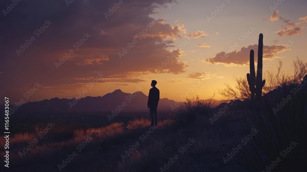 Fototapeta premium A person standing alone at sunset in the desert, with mountains in the background. A beautiful blend of colors fills the sky.