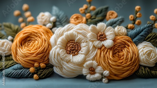 Close-up of intricately embroidered flowers in cream and orange yarn, arranged as a floral bouquet.