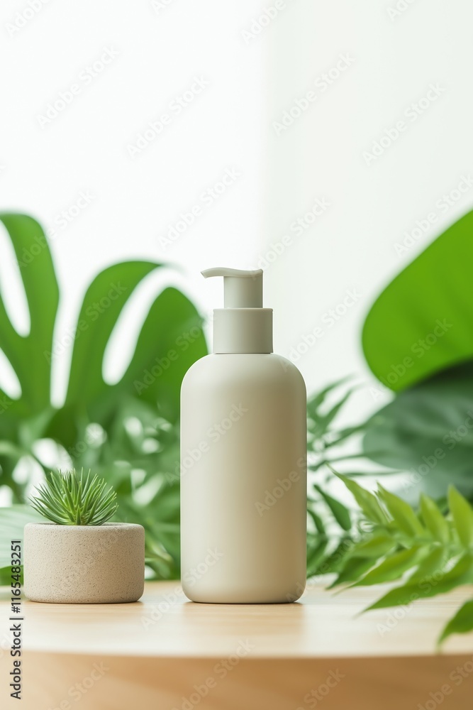 Minimalistic cosmetic bottle surrounded by green plants on wooden table, natural setting Minimalistic cosmetic bottle surrounded by green plants on wooden table, natural setting