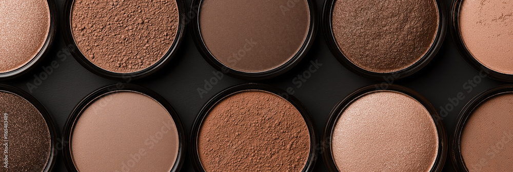 Fototapeta premium Various shades of makeup powder in circular containers, top view, cosmetic beauty