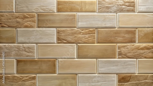 A close-up view of a decorative tile wall, featuring an intricate pattern of textured tiles in warm, earthy tones, creating a visually appealing and tactile surface. photo