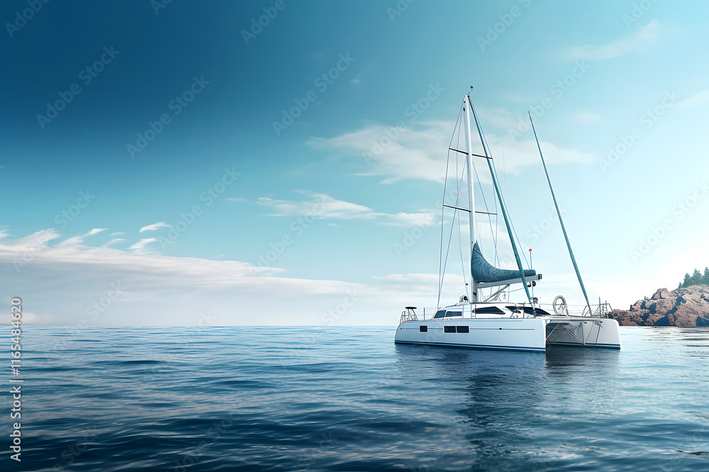 A comfortable catamaran anchored by the sea coast. A comfortable catamaran anchored by the sea coast.