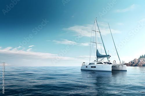 A comfortable catamaran anchored by the sea coast.