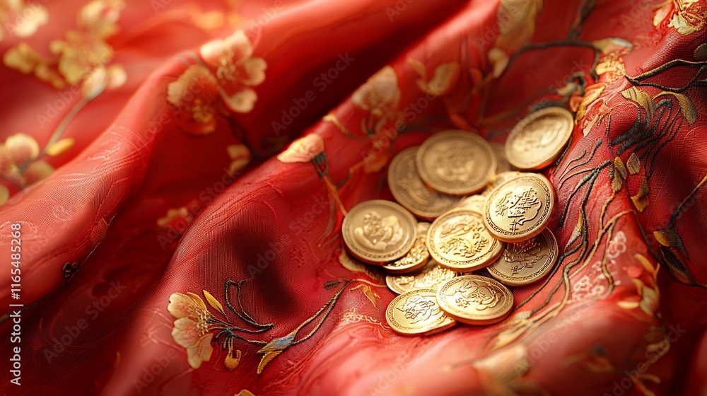 Gold coins on red silk fabric with floral pattern. Gold coins on red silk fabric with floral pattern.