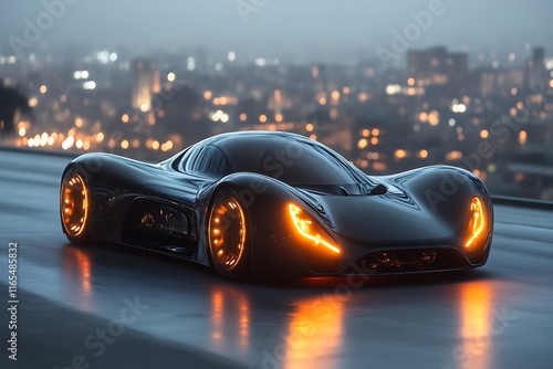 Futuristic black sports car on city highway at night. photo