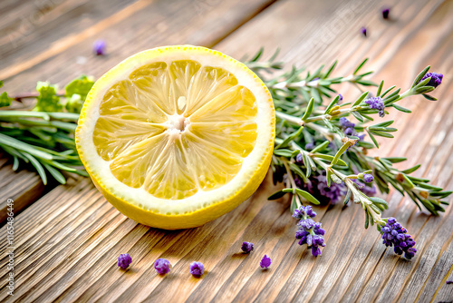 Lemon with lavender and rosemary on a wooden background, Close up